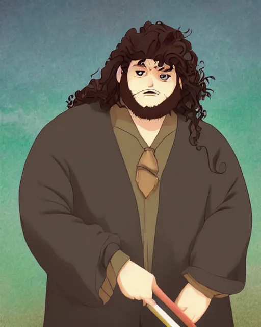 Prompt: Rubeus Hagrid in anime style, portrait of fantasy man, detailed realistic beautiful, lofi colors, smooth, artistic, mellow and soft, sharpen high quality, in style of Ghibli