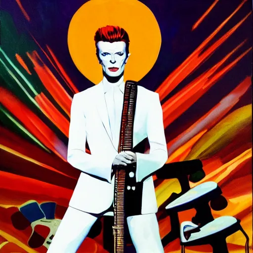 Image similar to a painting of David Bowie, wearing a white suit, sitting on a throne of guitars, in the style of Alex Ross