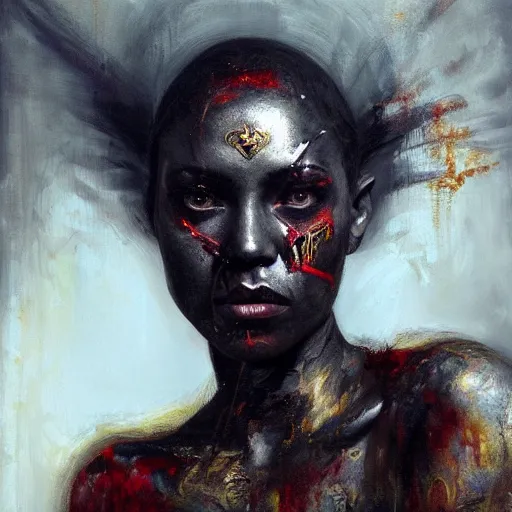 Prompt: portrait of the god of death, beautiful female face, angelic, black woman, golden eyes, dark, blood, by jeremy mann, by lucian freud, oil painting, god rays, female warrior, warrior face painting red, wings, gothic, holding a weapon, intricate, highly detailed, trending on artstation, award winning, cinematic