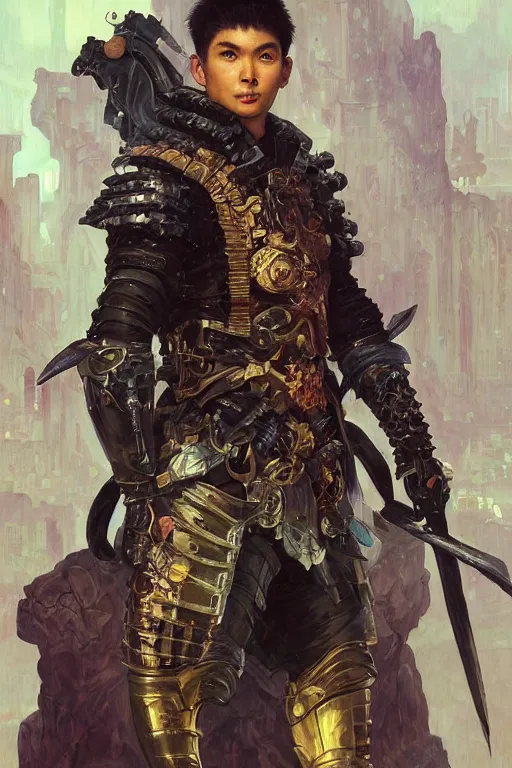 Prompt: portrait of a young cyberpunk ninja man wearing a warrior armor, fantasy, regal, fractal crystal, fractal gems, by stanley artgerm lau, greg rutkowski, thomas kindkade, alphonse mucha, loish, norman rockwell.