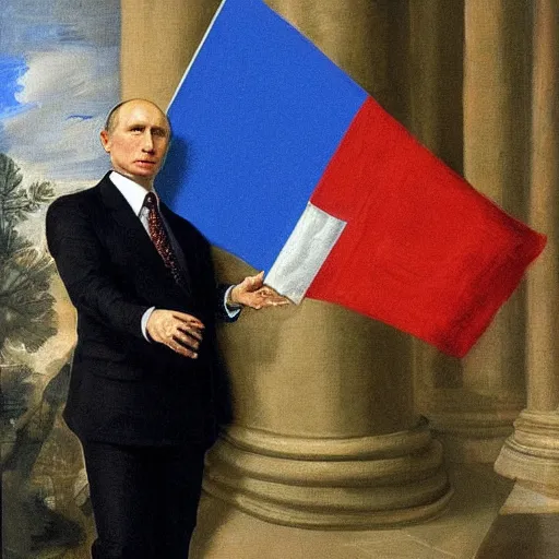 Prompt: painting of Vladimir Putin holding a Russian flag, Paolo Veronese style