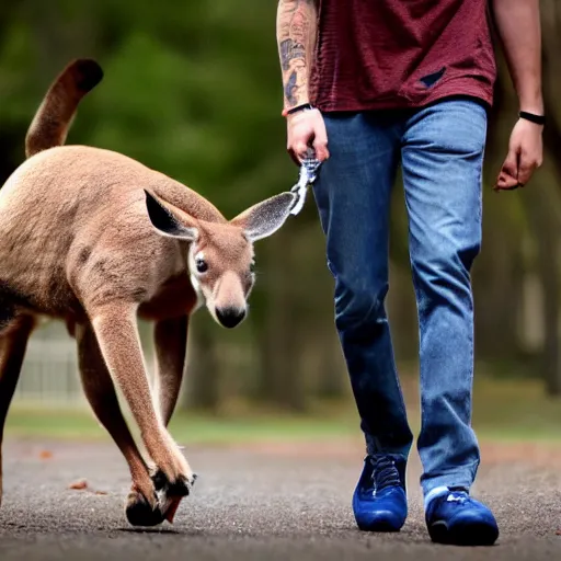 Image similar to Pete Davidson walking a kangaroo, 4k, photorealistic,