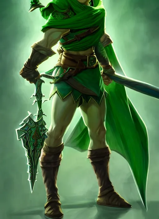 Image similar to portrait of aggressive link from the legend of zelda, d & d, muscular! green, fantasy, intricate, elegant, highly detailed, digital painting, artstation, concept art, smooth, sharp focus, illustration, art by artgerm and greg rutkowski and alphonse mucha