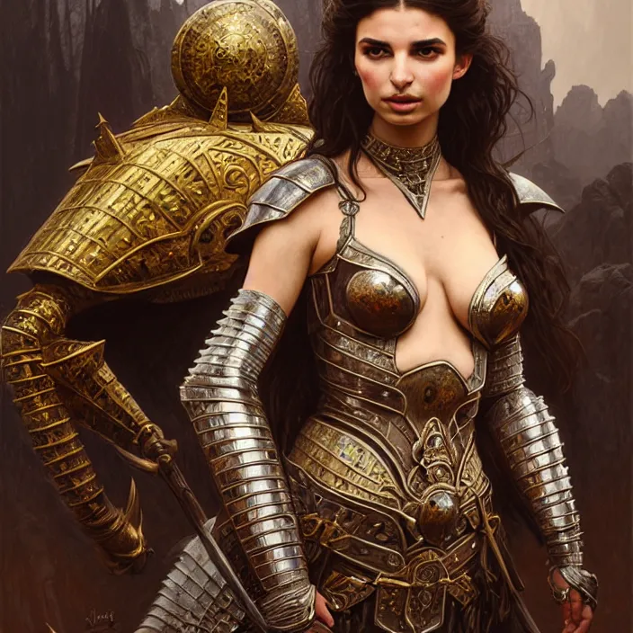 Prompt: Ancient queen Emily Ratajkowski wearing heavy armor, diffuse lighting, fantasy, intricate, elegant, highly detailed, lifelike, photorealistic, digital painting, artstation, illustration, concept art, smooth, sharp focus, art by John Collier and Albert Aublet and Krenz Cushart and Artem Demura and Alphonse Mucha