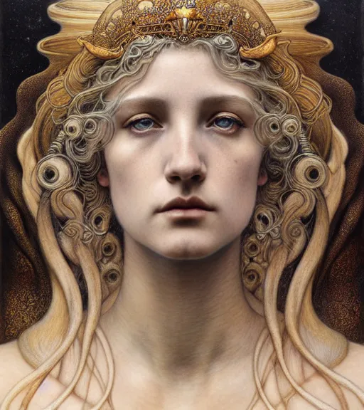 Image similar to detailed realistic beautiful young jessica lang as queen of jupiter face portrait by jean delville, gustave dore and marco mazzoni, art nouveau, symbolist, visionary, gothic, pre - raphaelite. horizontal symmetry by zdzisław beksinski, iris van herpen, raymond swanland and alphonse mucha. highly detailed, hyper - real, beautiful