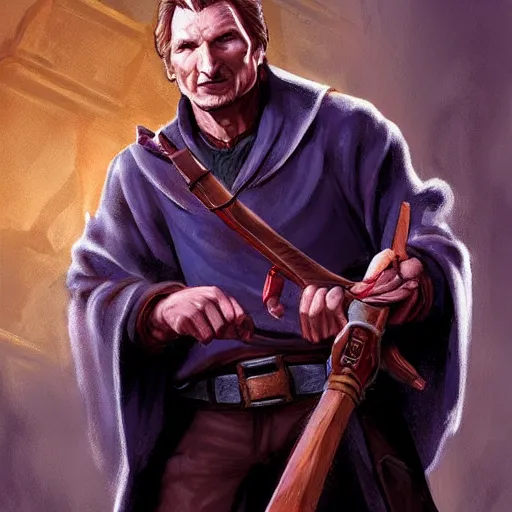 Prompt: Liam Neeson as Burl Gage, Antimage, wielding a dagger, iconic Character illustration by Wayne Reynolds for Paizo Pathfinder RPG