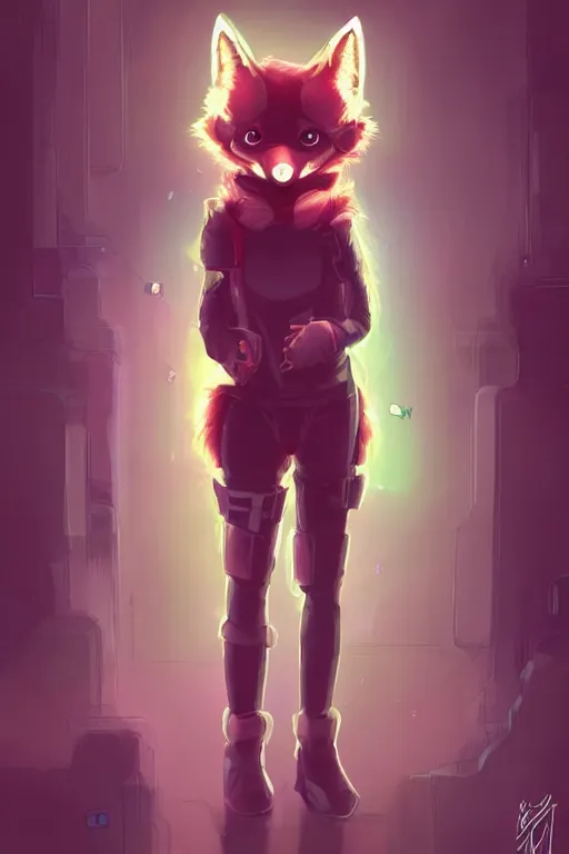 Image similar to a cute cyberpunk anthropomorphic fox with a fluffy tail, comic art, trending on furaffinity, cartoon, kawaii, backlighting, furry art!!!, warm light, concept art, glitch art