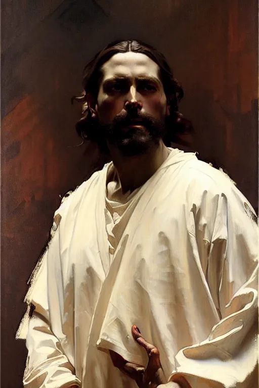 Image similar to leyendecker and solomon joseph solomon and richard schmid and jeremy lipking victorian loose genre loose painting full length portrait painting of jesus