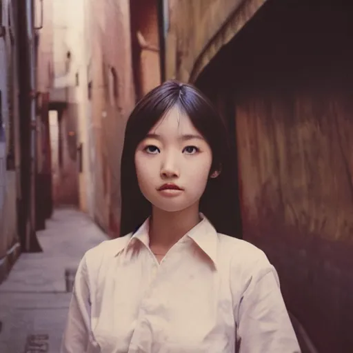 Image similar to 1970s perfect 8K HD professional photo of close-up japanese schoolgirl posing in sci-fi dystopian alleyway, at instagram, Behance, Adobe Lightroom, with instagram filters, depth of field, taken with polaroid kodak portra