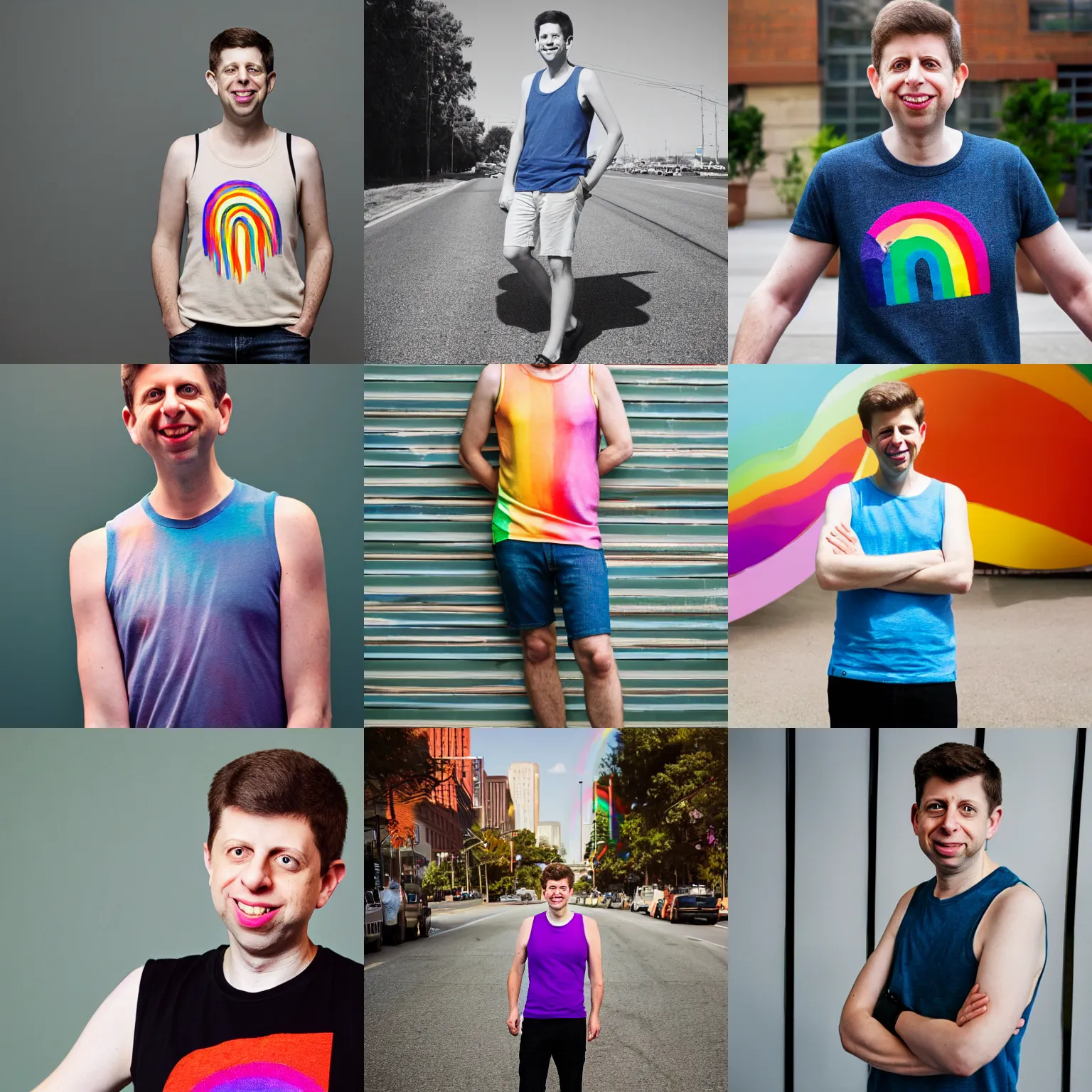 Prompt: Photo of Sam Altman wearing rainbow tank top, by Anne Liebovitz, 85mm f/1.4