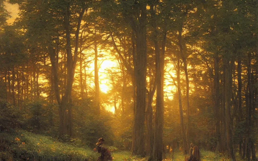 Image similar to a detailed oil painting by john williams waterhouse, thomas kincade, michael whelan and donato giancola of a swiss chalet with trees, hyper detailed, hd, artstation, beautiful sunrise lighting, surrounded by trees