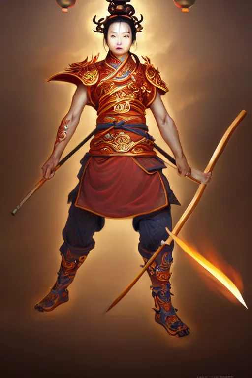 Image similar to cute nezha, highly detailed, man holding spear, flame everywhere, epic pose, masterpiece chinese fantasy character portrait, highly detailed, digital painting, trending on artstation, concept art, sharp focus, illustration, global illumination, ray tracing, realistic shaded, art by artgerm and greg rutkowski and fuji choko and viktoria gavrilenko and hoang lap