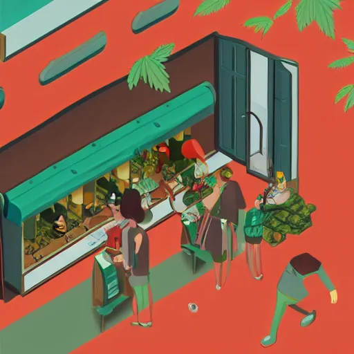 Image similar to cannabis cafe isometric fun style rendered by pixar, by ren hang