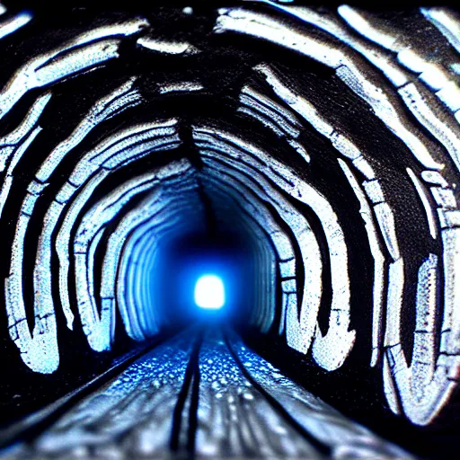 Prompt: a tunnel made of xenomorph bones, dark blue light coming from the end of the tunnel, photorealistic detailed