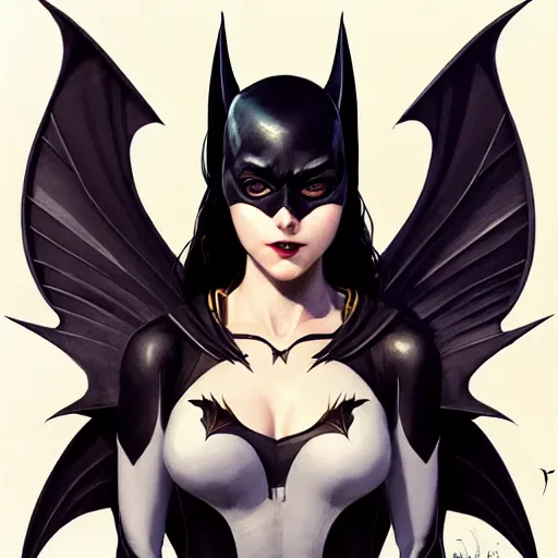 Image similar to 3 / 4 view of a portrait of bat woman with bat wings, confident pose, pixie, genshin impact,, intricate, elegant, sharp focus, illustration, highly detailed, concept art, matte, trending on artstation, anime, art by wlop and artgerm and greg rutkowski, marvel comics h 6 4 0