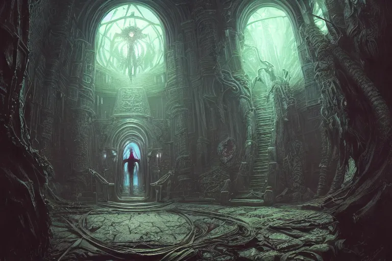 Image similar to center view of extremely detailed intricate concept art of hooded necromancer in front of a lovecraft portal, wide - angle portrait photography, by android jones and greg rutkowski, synthwave color scheme, cinematic lighting, dark vibes, trending on artstation, beautiful composition, intricate, elegant, pro photography by, highly detailed, gaston bussiere, craig mullins