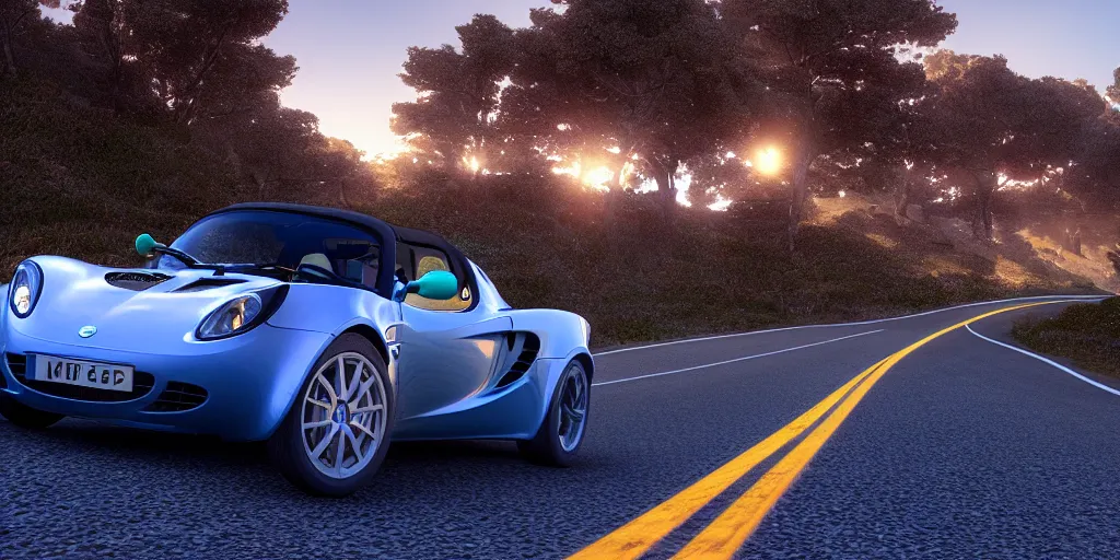 Prompt: blue lotus elise on a windy mountain road at sunset, ray tracing hdr render in unreal engine 5