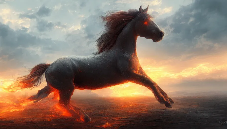 Prompt: Fire horse running to the sun, hyperdetailed, artstation, cgsociety, 4k