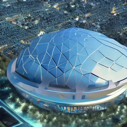 Prompt: a futuristic stadium floating in the middle of a city, hex shaped, hexadome, blue energy field hexagonal dome, unreal engine, epic lighting