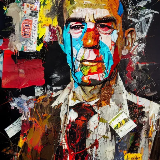 Image similar to hyperrealistic, photorealistic, mixed media oil painting of hunter s thompson, magazine scraps, plaster, blood, oil, mustard, splatter, greg rutkowski, basquiat, ralph steadman, wesley kimler, terry gilliam, andy warhol, dali