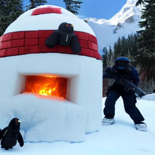 Prompt: a swat team raid of a club penguin igloo