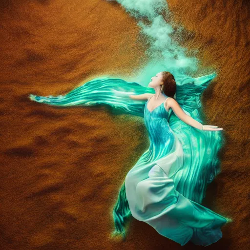 Image similar to woman dancing underwater wearing a flowing dress made of blue and green seaweed, delicate coral sea bottom, swirling silver fish, swirling smoke shapes, octane render, caustics lighting from above, cinematic