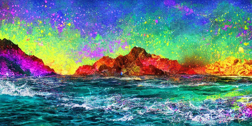 Image similar to glittering multicolored crystal cliffs, viewed from the ocean, high quality digital art,