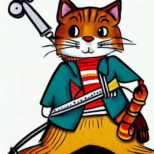 Image similar to illustration of Huckle Cat with a sword in the style of Richard Scarry