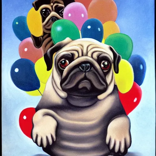 Prompt: pugs party with balloons and cakes, painted by botero and miguel covarrubias