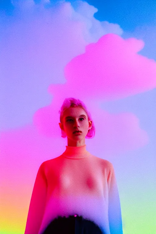 Image similar to high quality pastel coloured film close up wide angle photograph of a model wearing clothing resting on cloud furniture in a icelandic black rock!! environment in a partially haze filled dreamstate world. three point light, rainbow. photographic production. art directed. pastel colours. volumetric clouds. pastel gradient overlay. waves glitch artefacts. extreme facial clarity. 8 k. filmic.