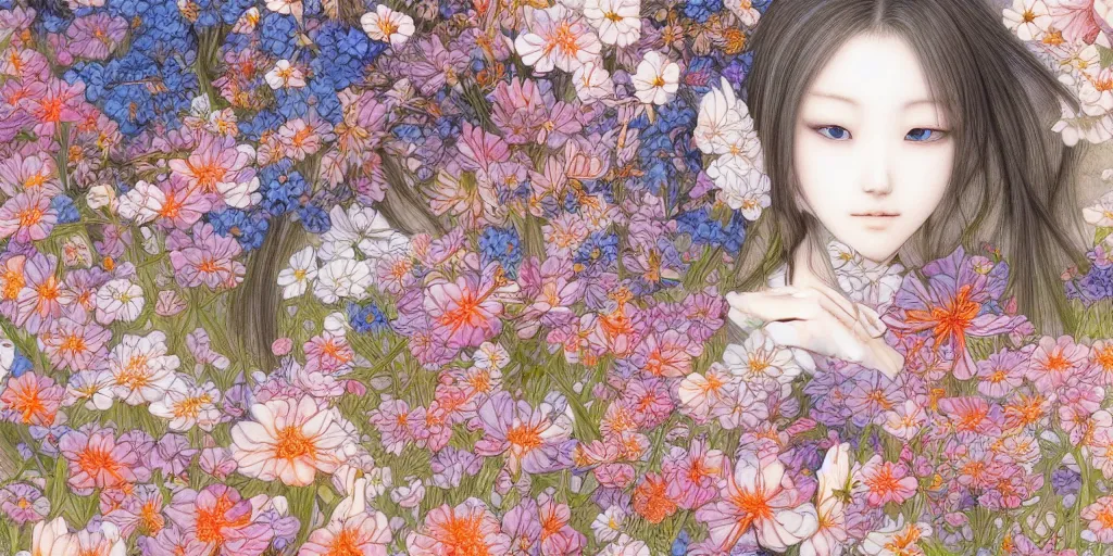 Prompt: breathtaking detailed concept art painting pattern blend of flowers and girls, by miho hirano, bizarre compositions, exquisite detail, pastel colors, 8 k