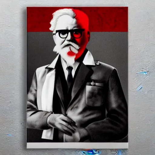 Image similar to Colonel Sanders holding a revolutionary flag, Soviet propaganda style, red back and white, epic detail, poster,