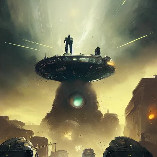 Image similar to an alien invasion the aliens have invaded earth and fighting with the humans blowing up cities by greg rutkowski