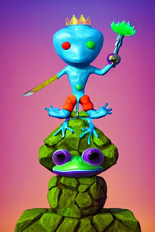 Image similar to clown frog king pulls the sword from the stone, clown frog king wearing clown makeup and rainbow wig, clown crown artwork by Todd Schorr, 3D rendering by Beeple