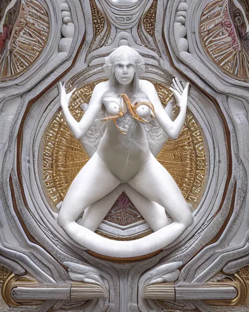 Prompt: symmetry, white marble bas relief sculpture of a white marble crab woman made of white marble crabs and spiders and scorpions, white marble with interacte gold wire inlay, art nuevo, octane, 8 k, hdr, art by hr geiger and ridley scott and alphonse mucha, trending on artstation