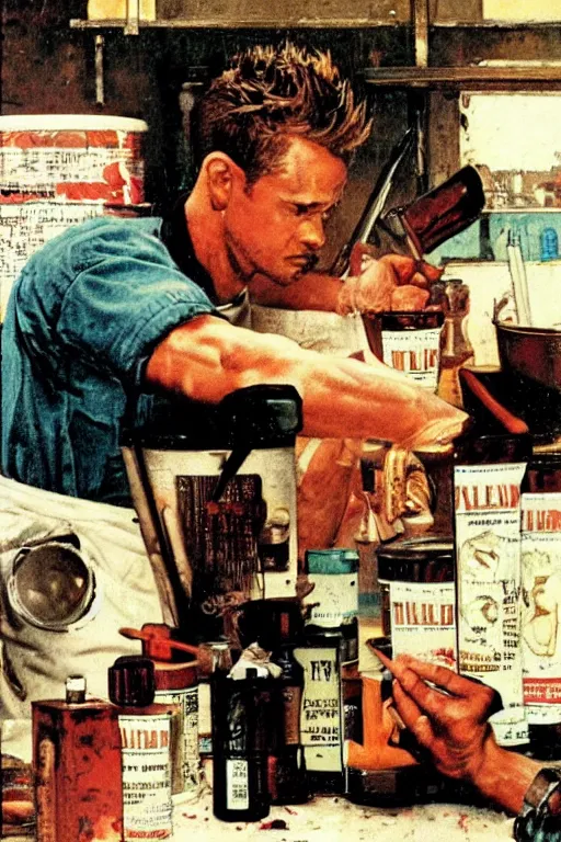 Image similar to Tyler Durden making soap painted by Norman Rockwell