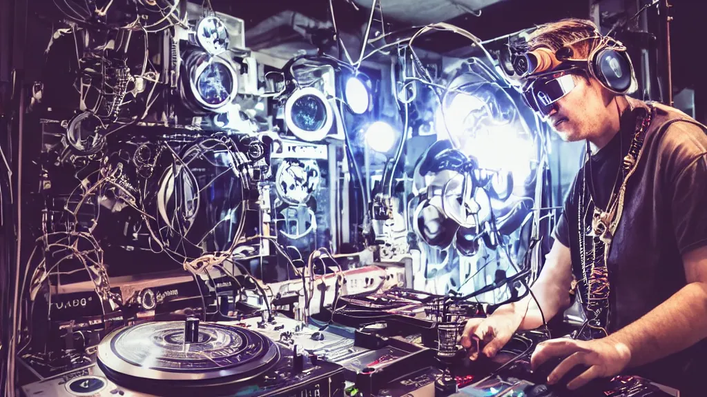 Image similar to a person wearing goggles and visor and headphones using a steampunk record player contraption, wires and tubes, turntablism dj scratching, intricate planetary gears, complex, cinematic, imax, sharp focus, iridescent, black light