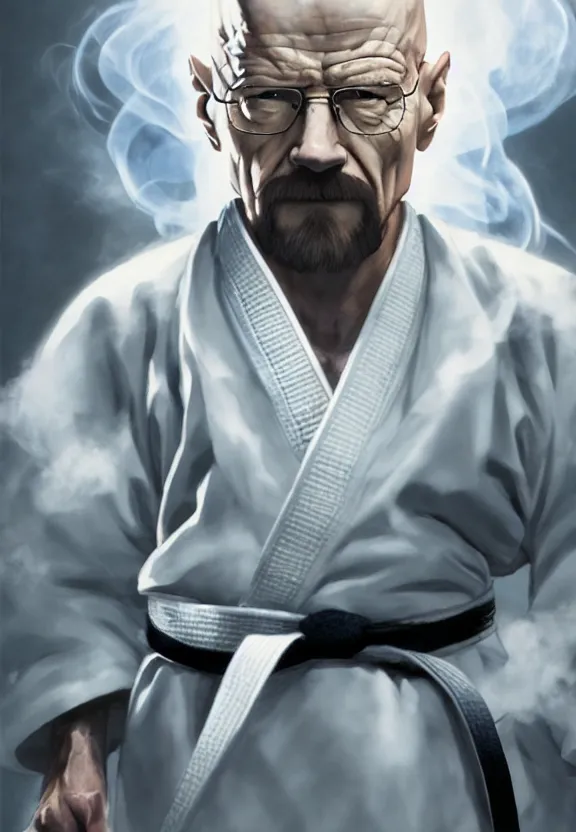 Prompt: serene Concept art of grandmaster walter white wearing a white martial artist gi, bald head and white beard, surrounded by white smoke, smoky, by Chen Uen, art by Yoji Shinkawa, 4k