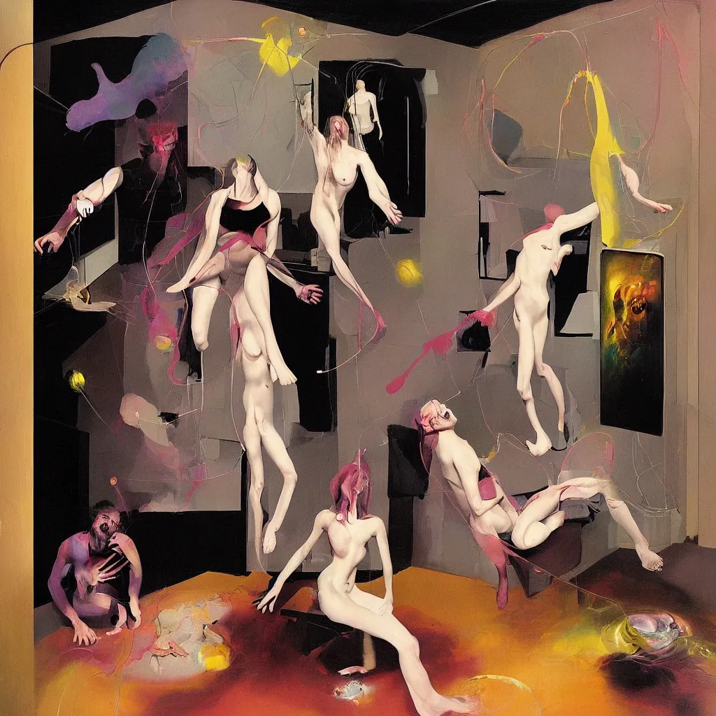 Image similar to Man and woman attached as one by love in a living room of a house, floating dark energy surrounds the middle of the room. There is an open refrigerator to the side of the room, surrounded by a background of dark cyber mystic alchemical transmutation heavenless realm, cover artwork by francis bacon and Jenny seville, part by adrian ghenie, part by jeffrey smith, part by josan gonzales, part by norman rockwell, part by phil hale, part by kim dorland, thick oil paint drip texture, muted cold colors, artstation, some pencil scribles here and there, highly detailed