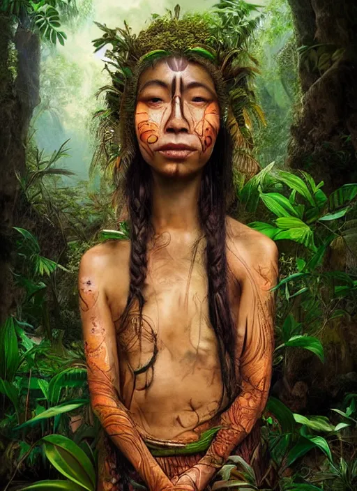 Prompt: beautiful matte painting of a portrait of a plant teacher spirit uchu sanango in the jungle, shamanic vibes, tribal face paintings, ayahuasca, matte painting, realistic