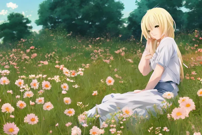 Prompt: beautiful anime blonde girl sitting in a field full of flowers, highly detailed, realistic, dynamic lighting, cinematic, masterpiece, trending on artstation, in the style of studio Ghibli