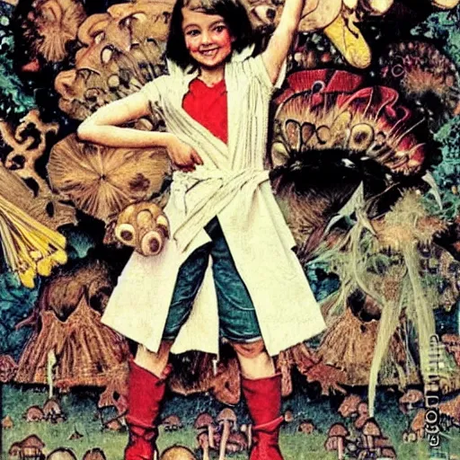 Prompt: Super heroine with the powers of mushrooms. A painting by Norman Rockwell.