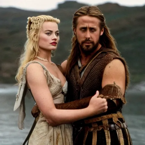 Prompt: still of ryan gosling and margot robbie, in a viking movie ( 1 9 8 6 )