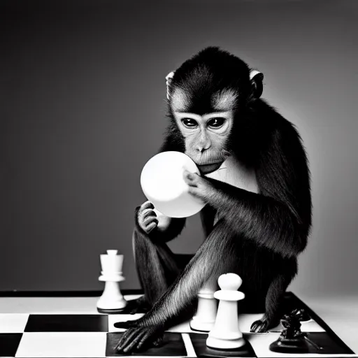 Prompt: black and white portrait photo of a monkey eating a chess piece by annie liebovitz,