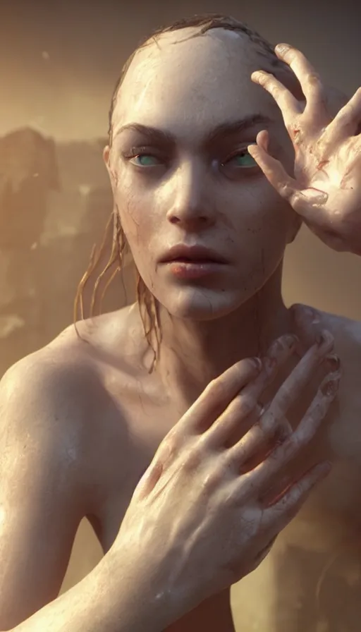 Image similar to epic masterpiece torment, drama, sweaty skin, hyperrealistic, octane render, cinematic, beautiful face and flawless skin, perfect hands, 5 fingers, yellow by Lorenzo Sperlonga, Legends of Runeterra