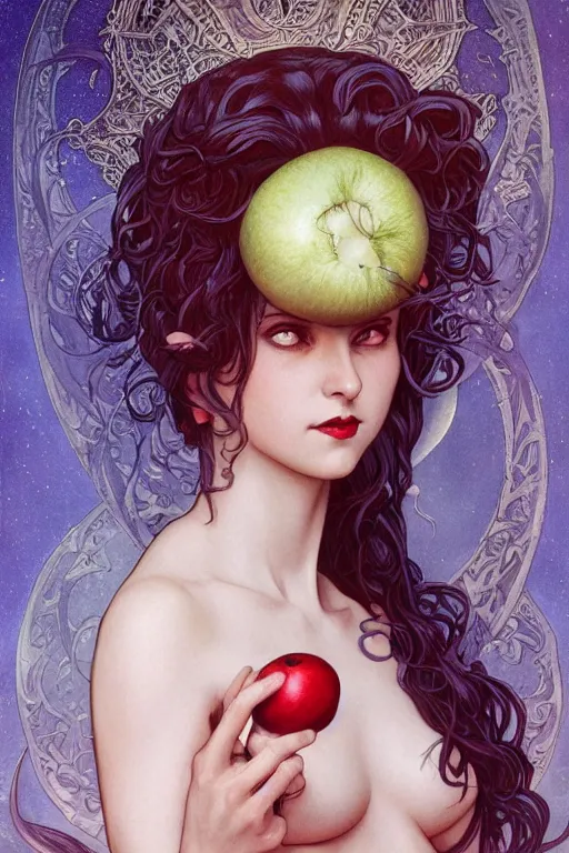 Prompt: Art Nouveau Lilith, Queen of the moon, Sensual occult esoteric woman holding an apple, full body image centered in frame, headshot, D&D, fantasy, highly detailed, digital painting, artstation, concept art, sharp focus, illustration, art by artgerm and greg rutkowski and alphonse mucha