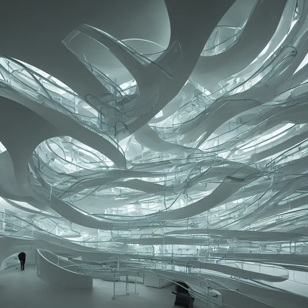 Prompt: “ a visually impressive interior smoothly fluid curve structure of a research laboratory in bio luminescent with algae, soft clean lines and satisfying forms, highly detailed in 4 k ”