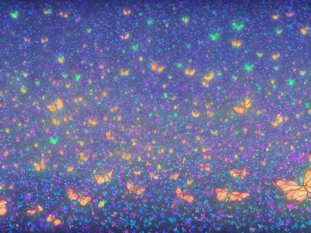 Prompt: a strange picture of a swarm of softly glowing butterflies on an enchanted glade at the blue hour by jean giraud, lisa frank, 4 k wallpaper, artstation