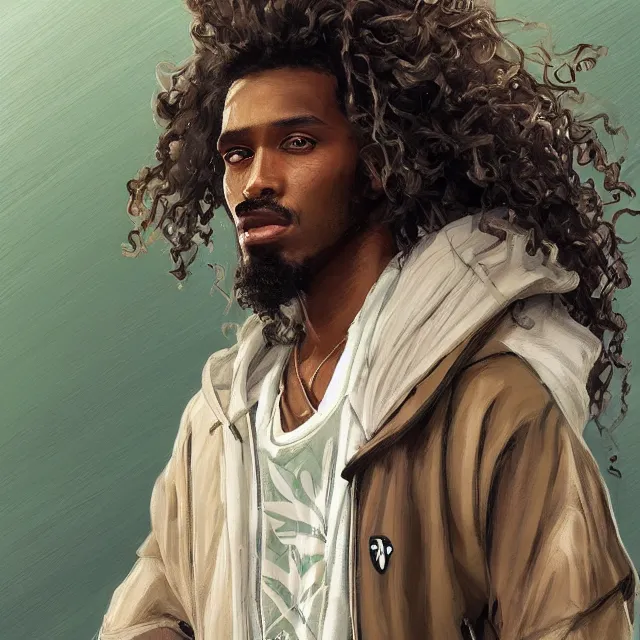 Prompt: a somali man with long curly hair, wearing adidas clothing, anime style, portrait, elegant, intricate, digital painting, artstation, concept art, smooth, sharp focus, illustration, art by konstantin korovin and daniel f. gerhartz and john howe