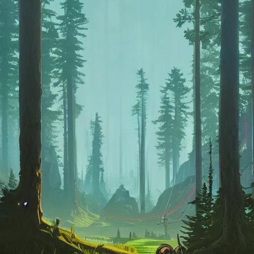 Image similar to breath of the wild, simon stalenhag, forest